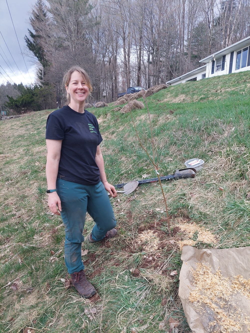 Jess stands proudly next to her planted apple tree seedling. She placed wood chips on top of the sod for added moisture retention.