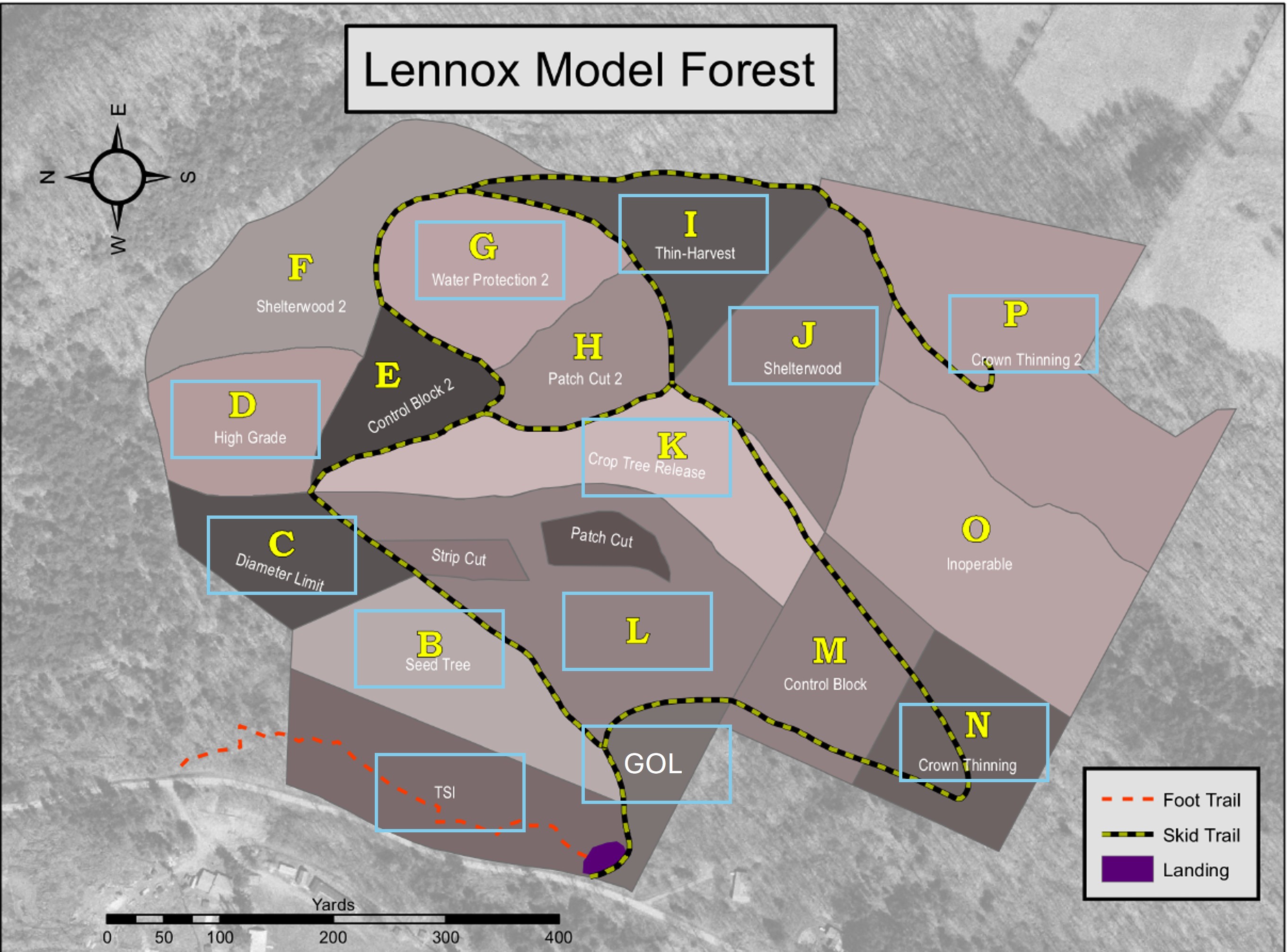Map of Lennox Model Forest in Delhi, NY showing the different forest compartments, trails, and the landing.