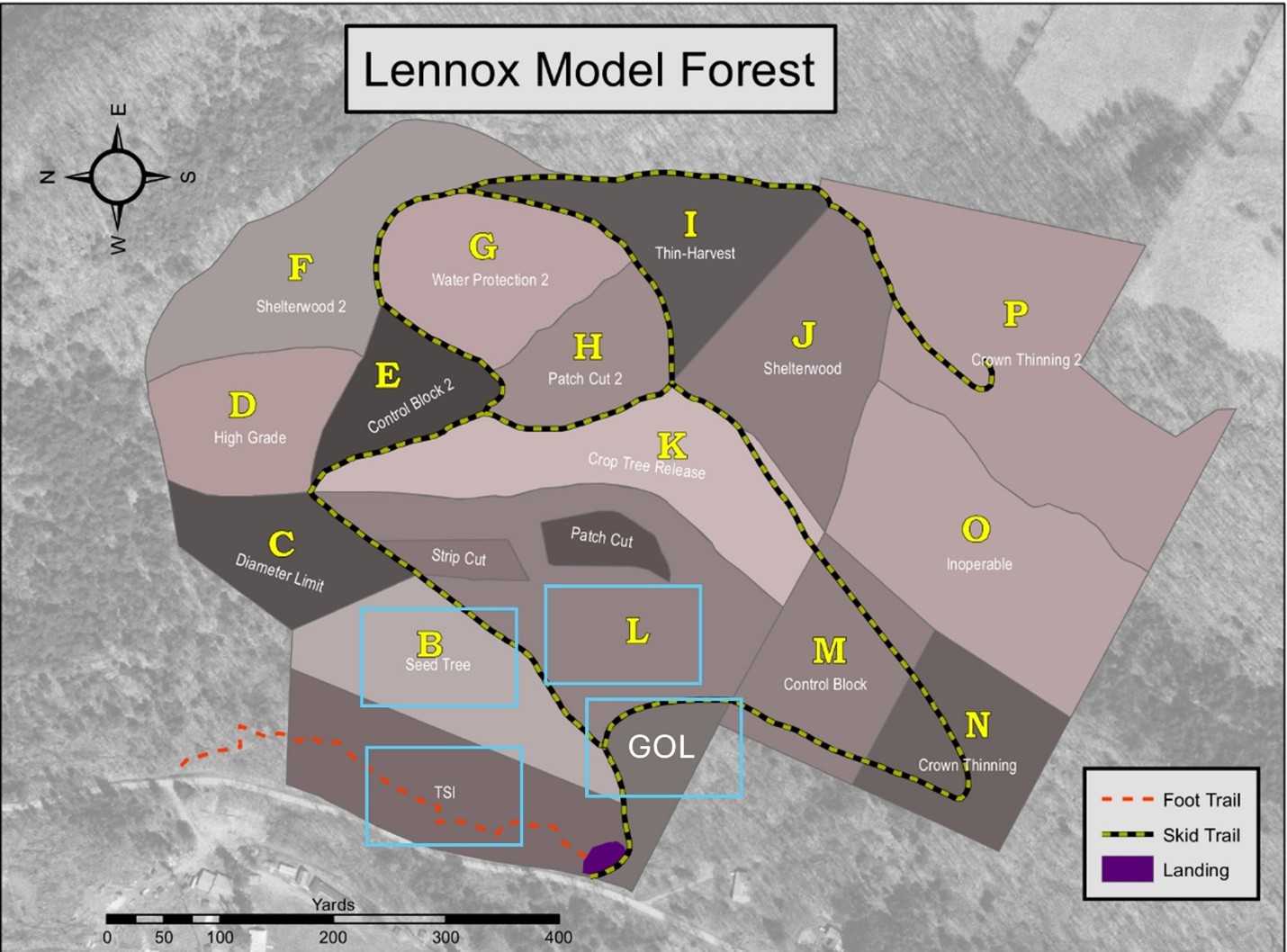 A map of the Lennox Model Forest showing the many forest compartments, trails, and the landing area. Blue boxes highlight areas that have ongoing citizen science research.