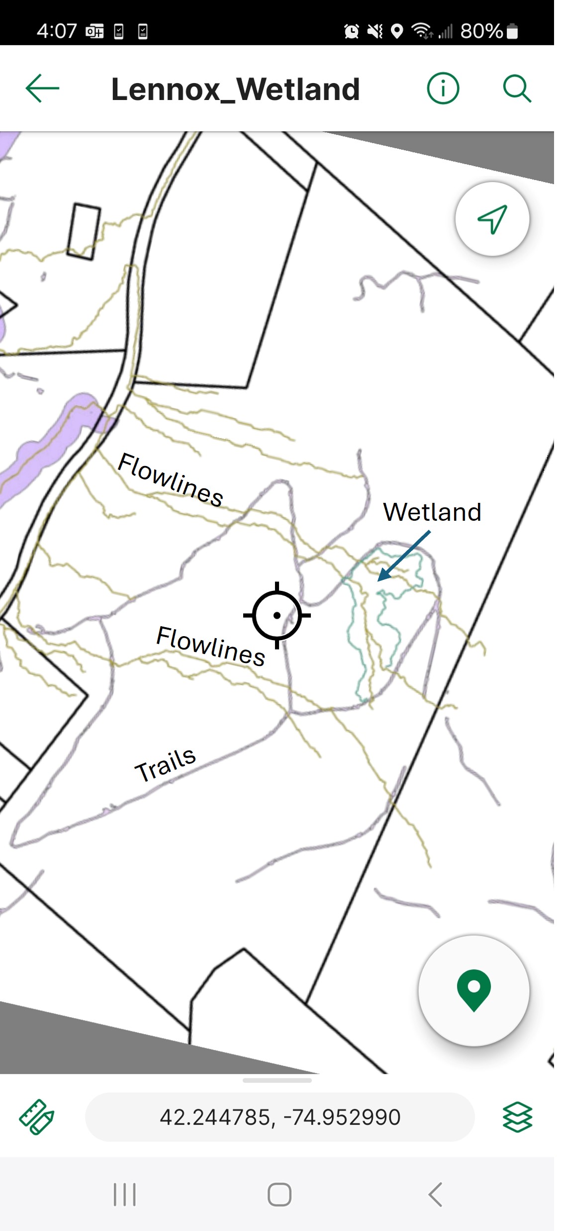 An Avenza screenshot showing streams and wetlands in relation to the trail network at Lennox Model Forest.