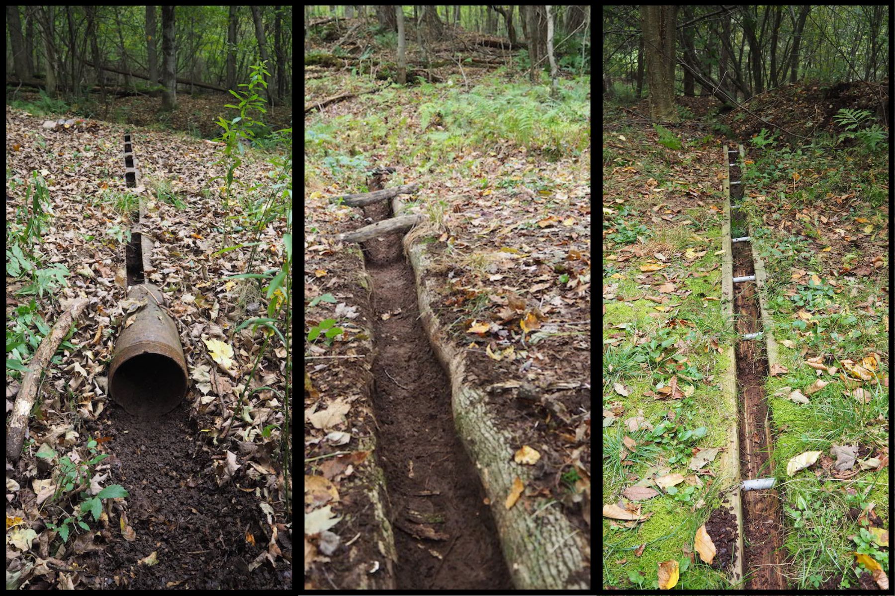 Three different styles of water control structures, made from a pipe with openings cut into the top, small diameter logs called poles, and pressure-treated boards.