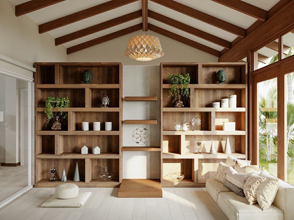 Dark thick wooden bookcases, exposed wooden beams, rafters and framing on windows with white walls and floor.