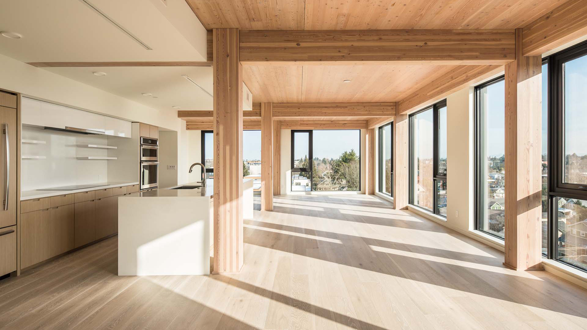 View of the kitchen and living area of an apartment with floor to ceiling window panels illuminating the space.  Exposed mass timber posts and floor and ceiling panels display beautiful wood grain. 