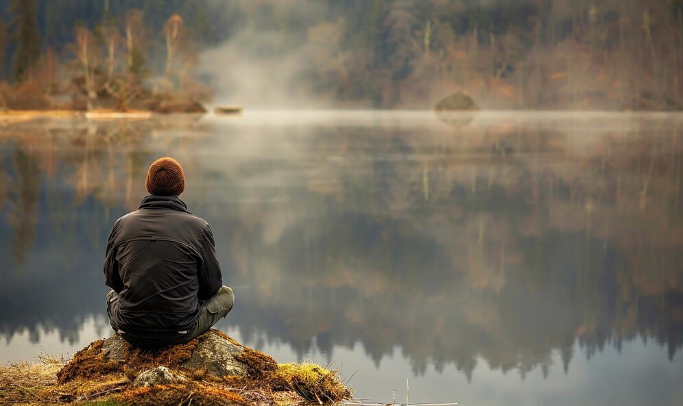 A man sitting on a rock looking out over still misty open water with woods in the background.
