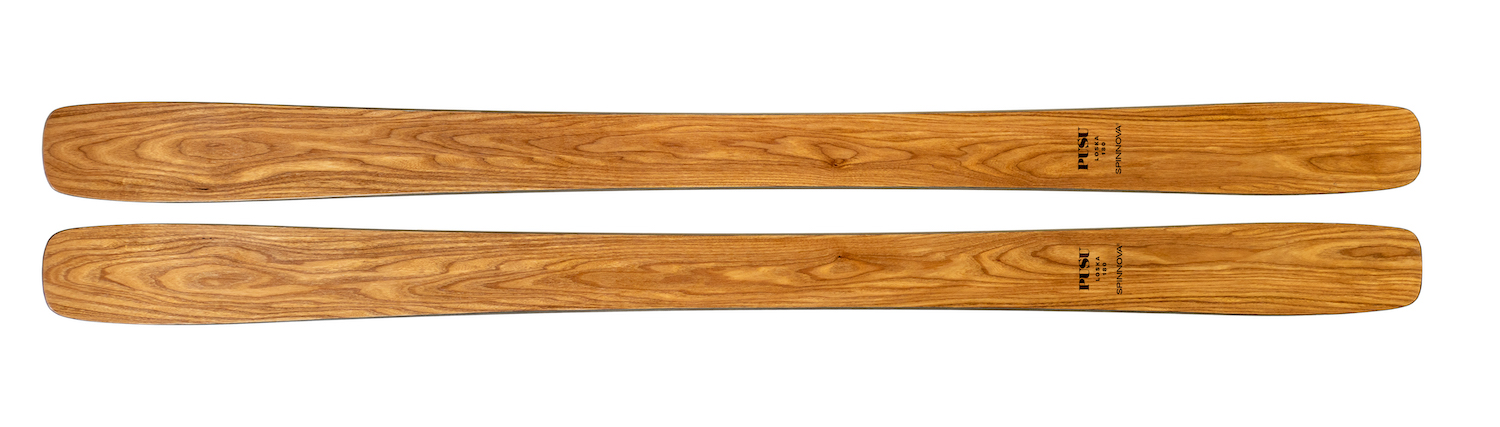 Modern downhill skis made from wood with a layer of Spinnova material to dampen vibration.