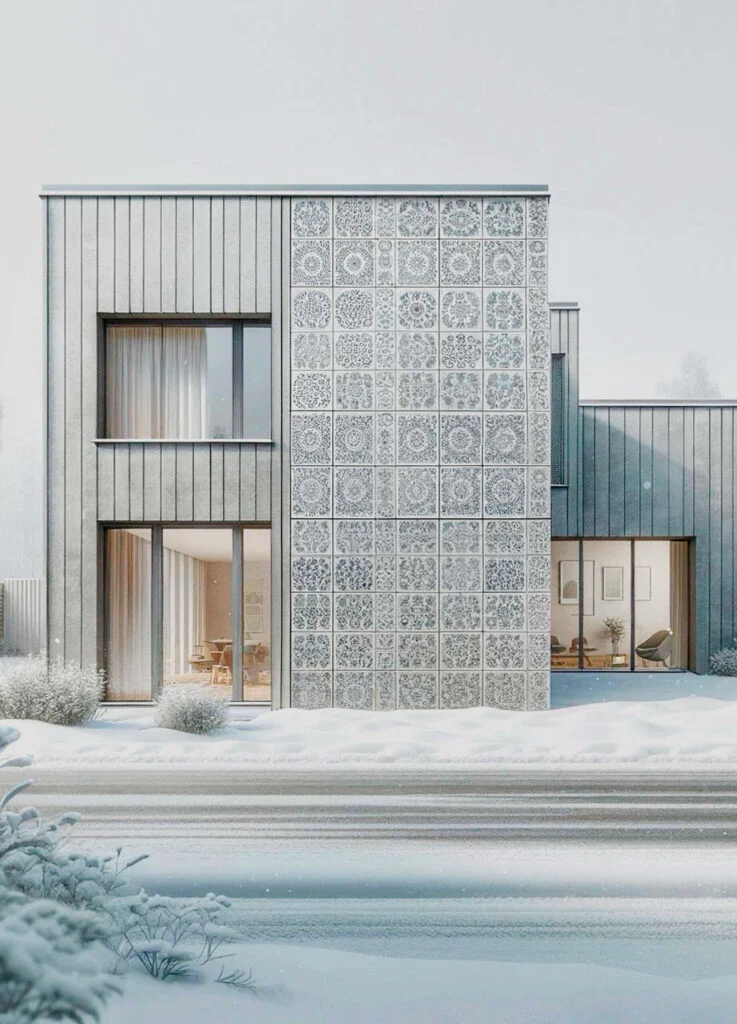 Cladding (decorative siding) made from paper. A photo of a building with decorative cladding (siding) made from compressed paper.