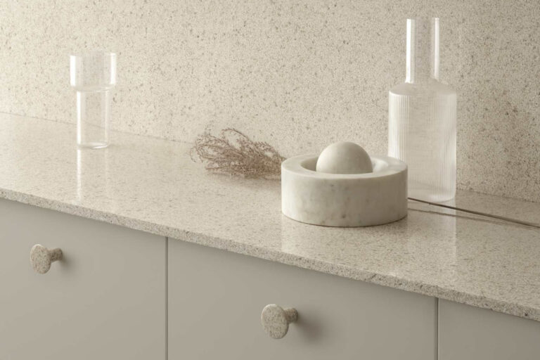 Wood composite countertop. A photo of a wood composite countertop with decorative items on top.