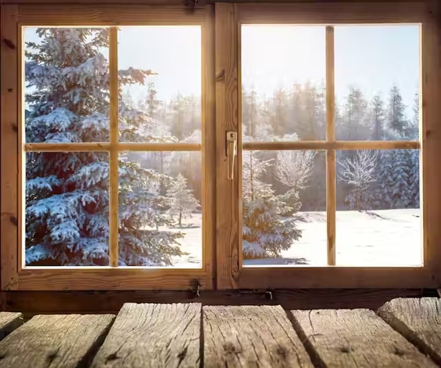  Looking out a rustic window at a snowy winter landscape with some conifer trees and lawn.